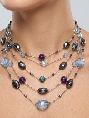 Blue Purple Layered Necklace | Multi-Strand Silver Boho Statement